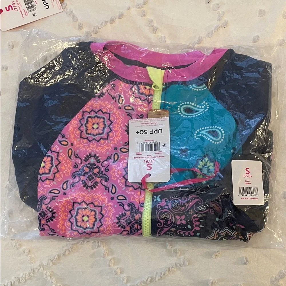 Justice Kids Rashguard one piece swimsuit with Pink and Blue Patchwork nwt